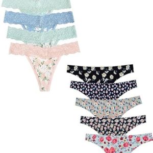 voenxe 5-Pack Seamless Women Underwear Thongs and 5-Pack Seamless Lace Thongs No Show Thong Underwear,Lady Breathable Comfort Panty Soft Laser Cut Undie