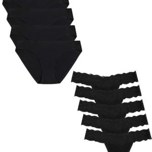 voenxe 5-Pack Women Bikini Underwear and 5-Pack Seamless Lace Thongs,Seamless Breathable Ladies Panties,No Show Comfortable Briefs Undies for Women