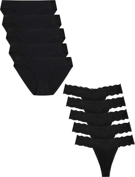voenxe 5-Pack Women Bikini Underwear and 5-Pack Seamless Lace Thongs,Seamless Breathable Ladies Panties,No Show Comfortable Briefs Undies for Women