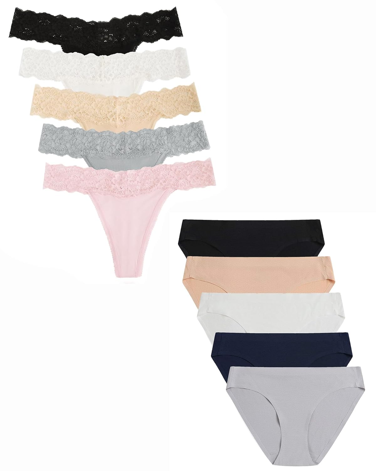 voenxe 5 Pack Women Bikini Underwear and 5 Pack Seamless Lace Thongs Breathable Ladies Panties,No Show Comfortable Briefs Undies for Women,Tanga