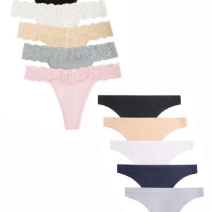voenxe 5Pack Seamless Thongs and 5Pack Seamless Lace Thongs No Show Ladies Thong,No Line Breathable Comfortable Panties Undies for Women