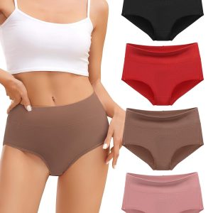 voenxe Cotton Underwear for Women,High Waisted Ladies Panties,Breathable Soft Full Coverage Briefs,Comfy Underpants,4 Pack