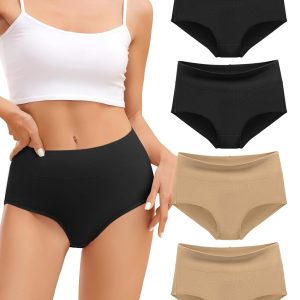 voenxe Cotton Underwear for Women,High Waisted Ladies Panties,Breathable Soft Full Coverage Briefs,Comfy Underpants,4 Pack