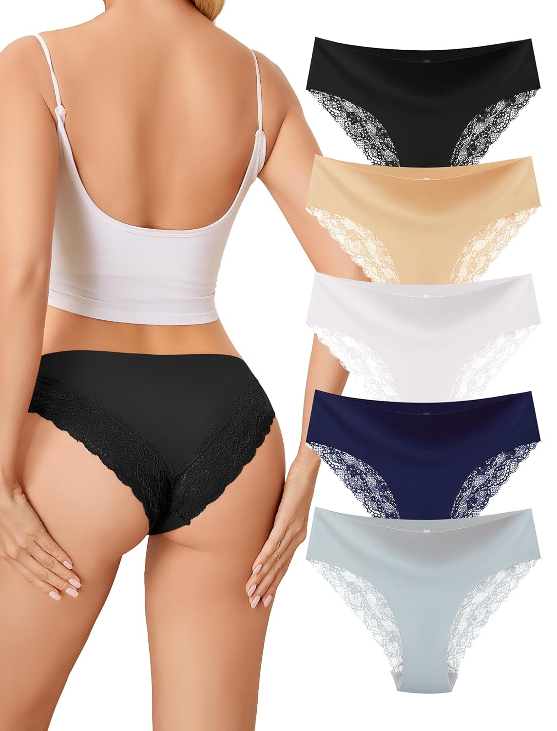 voenxe Lace Underwear for Women,Stretch Soft Bikini Panties,Sheer Lacy Ladies Briefs,Comfortable Hipster Panty Undies,5 Pack
