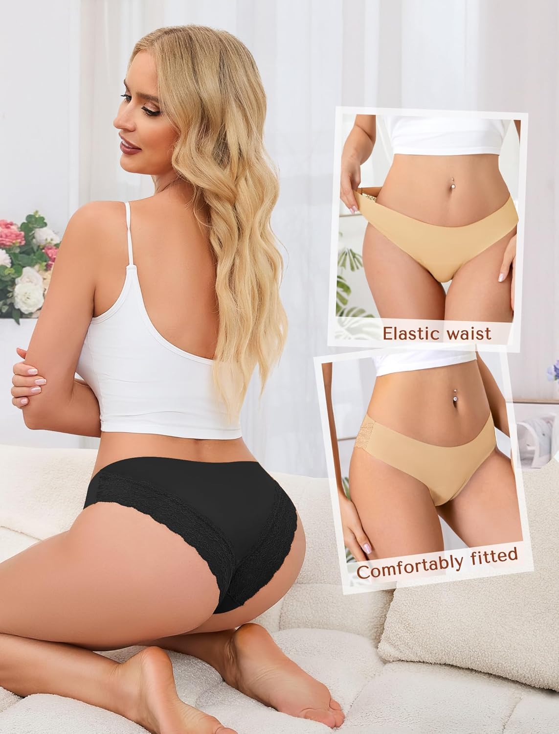 voenxe Lace Underwear for Women,Stretch Soft Bikini Panties,Sheer Lacy Ladies Briefs,Comfortable Hipster Panty Undies,5 Pack
