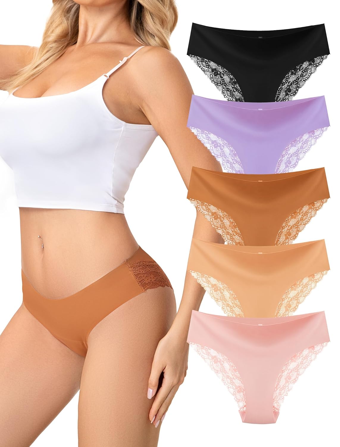 voenxe Lace Underwear for Women,Stretch Soft Bikini Panties,Sheer Lacy Ladies Briefs,Comfortable Hipster Panty Undies,5 Pack