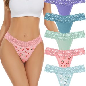 voenxe Seamless Thong for Women,No Show Lace Underwear,Ladies Breathable Comfort Panties Soft Laser Cut Undies,Tanga,5-Pack