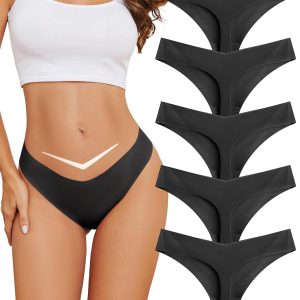 voenxe Seamless Thongs for Women,No Show Ladies Underwear,Invisible Comfortable Panties,Low Rise Gym Workout Undies,5 Pack