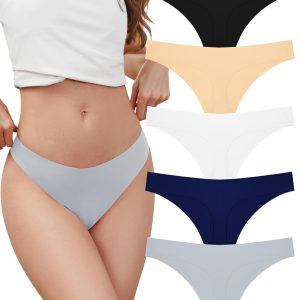 voenxe Seamless Thongs for Women,No Show Ladies Underwear,Invisible Comfortable Panties,Low Rise Gym Workout Undies,5 Pack