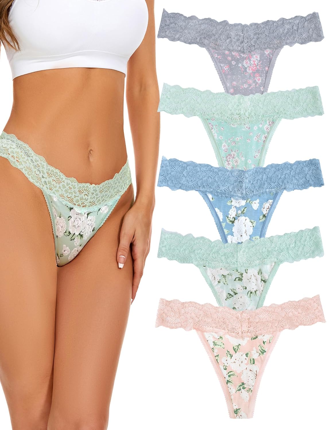 voenxe Seamless Women Underwear Thongs 5 Pack and 5 Pack Seamless Lace Thongs for Women