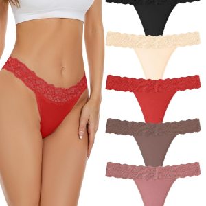 voenxe Seamless Women Underwear Thongs 5 Pack and 5 Pack Seamless Lace Thongs for Women