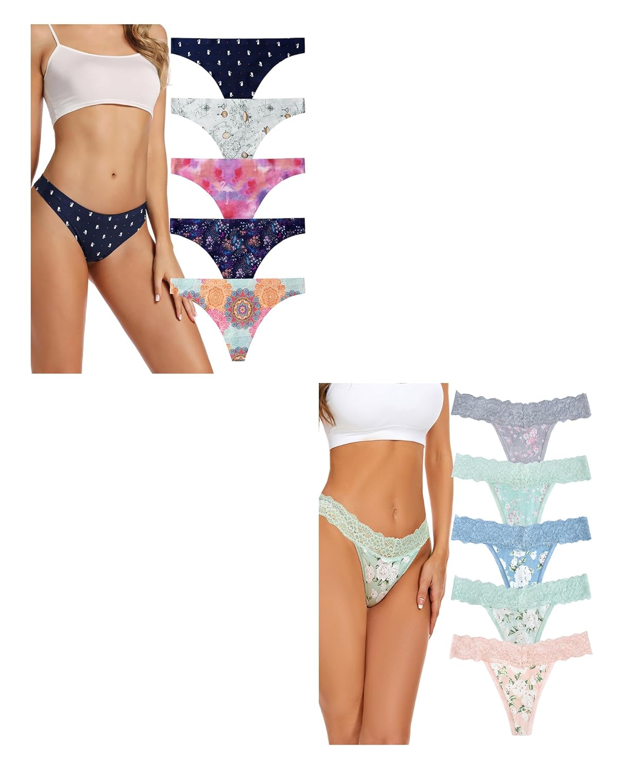 voenxe Seamless Women Underwear Thongs 5 Pack and 5 Pack Seamless Lace Thongs for Women