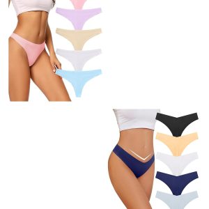 voenxe Seamless Women Underwear Thongs 5 Pack and 5 Pack V Waisted No Show Ladies Thongs