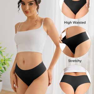 voenxe Seamless Women Underwear Thongs,High Waisted Ladies No Show Panties Line,Invisible Comfy Workout Undies,Soft,5-Pack