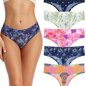 voenxe Seamless Women Underwear Thongs,High Waisted No Show Ladies Panties,Breathable Comfortable Hi Rise Cut Undies,5-Pack