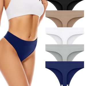 voenxe Seamless Womens Thong Underwear,High Waisted Tanga Woman No Show Panties,Breathable Workout Comfortable Undies,5 Pack