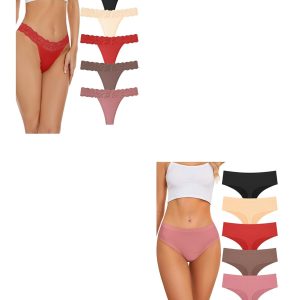 voenxe Women Seamless Lace Thongs 5 Pacck and 5 Pack High Waisted Cut No Show Ladies Panties