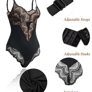 Werena Lace Tummy Control Shapewear Bodysuit for Women Slimming Body Shaper V Neck Sculpting Thong Bodysuit