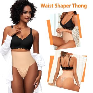 Werena Tummy Control Thong Shapewear for Women Mid High Waisted Body Shaper Underwear Lace Shaping Thong Girdle Panties