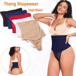 Werena Tummy Control Thong Shapewear for Women Mid High Waisted Body Shaper Underwear Lace Shaping Thong Girdle Panties