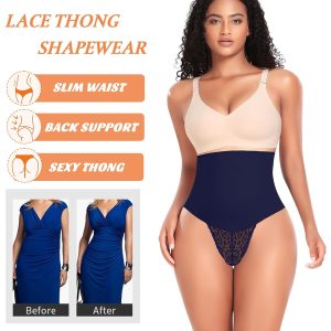 Werena Tummy Control Thong Shapewear for Women Mid High Waisted Body Shaper Underwear Lace Shaping Thong Girdle Panties