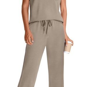 WIHOLL 2 Piece Sets for Women Casual Summer Travel Vacation Outfits Cap Sleeve Lounge Set