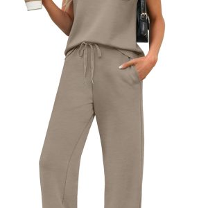 WIHOLL 2 Piece Sets for Women Casual Summer Travel Vacation Outfits Cap Sleeve Lounge Set