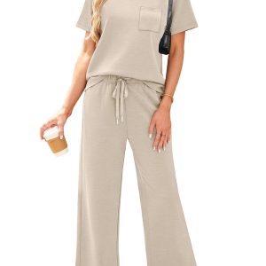 WIHOLL 2 Piece Sets for Women Casual Summer Travel Vacation Outfits Short Sleeve Wide Leg Crop Pants Lounge Sets