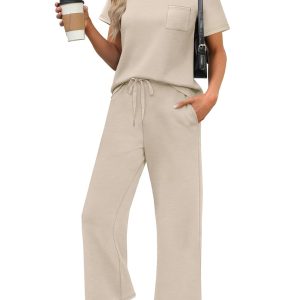 WIHOLL 2 Piece Sets for Women Casual Summer Travel Vacation Outfits Short Sleeve Wide Leg Crop Pants Lounge Sets