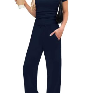 WIHOLL Lounge Sets for Women 2 Piece Vacation Outfits Short Sleeve Tops with Side Ruched Wide Leg Pants Matching Sets