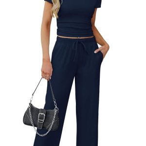 WIHOLL Lounge Sets for Women 2 Piece Vacation Outfits Short Sleeve Tops with Side Ruched Wide Leg Pants Matching Sets