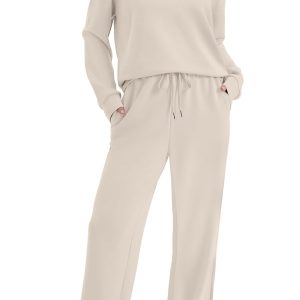 WIHOLL Lounge Sets for Women 2025 V Neck 2 Piece Outfits Airport Wide Leg Pants Matching Set Sweatsuits