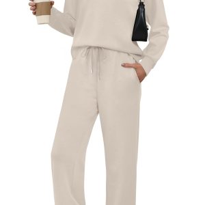 WIHOLL Lounge Sets for Women 2025 V Neck 2 Piece Outfits Airport Wide Leg Pants Matching Set Sweatsuits