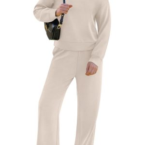 WIHOLL Two Piece Sets for Women Fall Outfits Lounge Sets Mock Neck Tops Wide Leg Pants Vacation Travel Airport Outfits