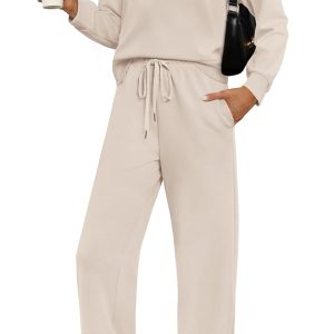 WIHOLL Two Piece Sets for Women Fall Outfits Lounge Sets Mock Neck Tops Wide Leg Pants Vacation Travel Airport Outfits