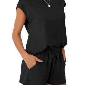 WIHOLL Two Piece Sets for Women Summer Crew Neck Lounge Short Sets Cap Sleeve Drawstring Sweatsuit with Pocket