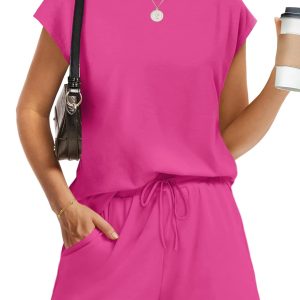 WIHOLL Two Piece Sets for Women Summer Crew Neck Lounge Short Sets Cap Sleeve Drawstring Sweatsuit with Pocket