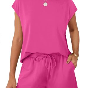 WIHOLL Two Piece Sets for Women Summer Crew Neck Lounge Short Sets Cap Sleeve Drawstring Sweatsuit with Pocket