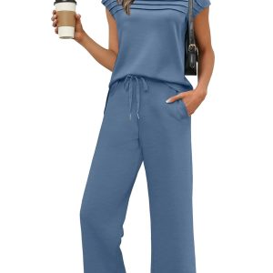 WIHOLL Two Piece Sets for Women Summer Travel Vacation Outfits Cap Sleeve Lounge Matching Sets Wide Leg Pants S-3XL