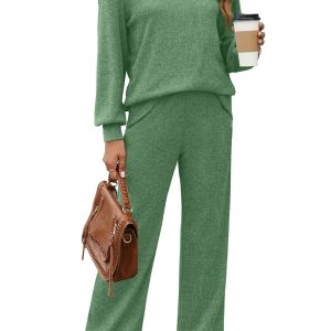 WIHOLL Womens Sweatsuits Sets Long Sleeve Crewneck Top Wide Leg Pants Two Piece Outfits