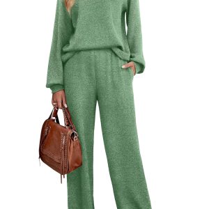 WIHOLL Womens Sweatsuits Sets Long Sleeve Crewneck Top Wide Leg Pants Two Piece Outfits