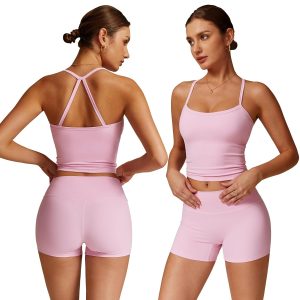 Women 2 Piece Workout Sets (2025 NEW) Yoga Outfit Open Back Tank Top High Waisted Shorts Gym Sets Tracksuits