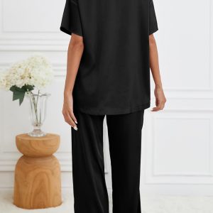 Women's Silk Satin Pajama Sets 2 Piece Short Sleeve with Long Pajama Pant Silky Sleepwear Lounge Set