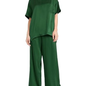 Women's Silk Satin Pajama Sets 2 Piece Short Sleeve with Long Pajama Pant Silky Sleepwear Lounge Set