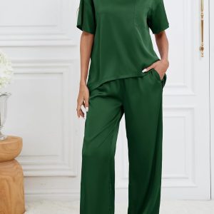 Women's Silk Satin Pajama Sets 2 Piece Short Sleeve with Long Pajama Pant Silky Sleepwear Lounge Set