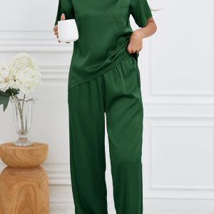 Women's Silk Satin Pajama Sets 2 Piece Short Sleeve with Long Pajama Pant Silky Sleepwear Lounge Set