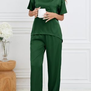 Women's Silk Satin Pajama Sets 2 Piece Short Sleeve with Long Pajama Pant Silky Sleepwear Lounge Set