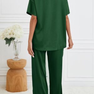 Women's Silk Satin Pajama Sets 2 Piece Short Sleeve with Long Pajama Pant Silky Sleepwear Lounge Set
