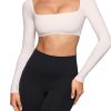 Womens Square Neck Long Sleeve Crop Top Workout Athletic Yoga Basic Tee Bandeau Fitted T-Shirt with Built in Bra