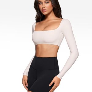 Womens Square Neck Long Sleeve Crop Top Workout Athletic Yoga Basic Tee Bandeau Fitted T-Shirt with Built in Bra